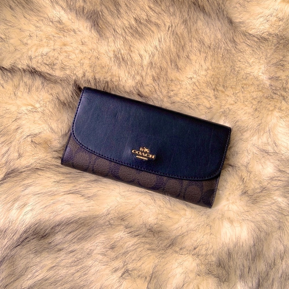COACH Signature Slim Envelope Wallet Brown Black Leather Long Flap Clutch - Picture 13 of 13